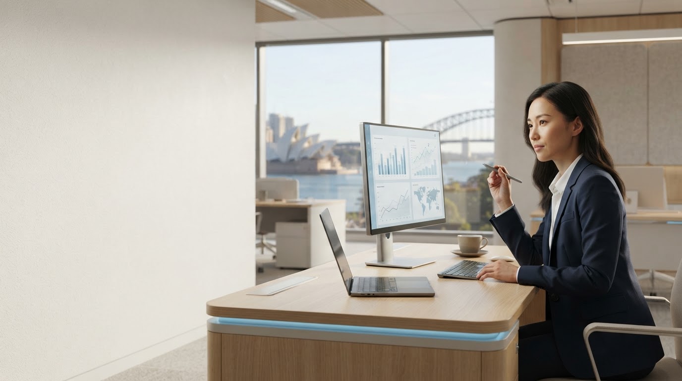 Stakemoor Equity AI predictive analytics dashboard overlooking a city skyline